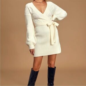 Lulus Cable Knit Long Balloon Sleeve Sweater Dress Ivory White Size Medium